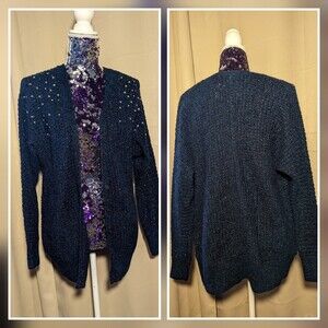 Lane Bryant 14/16 Navy Blue & Gold Cardigan Sweater with Studded Shoulder